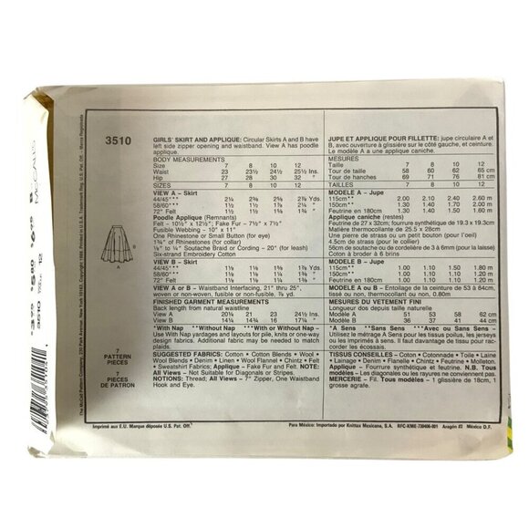 Vintage McCalls 3510 Girls Skirt Optional Applique Easy Sewing Pattern Size 12 - Picture 2 of 3